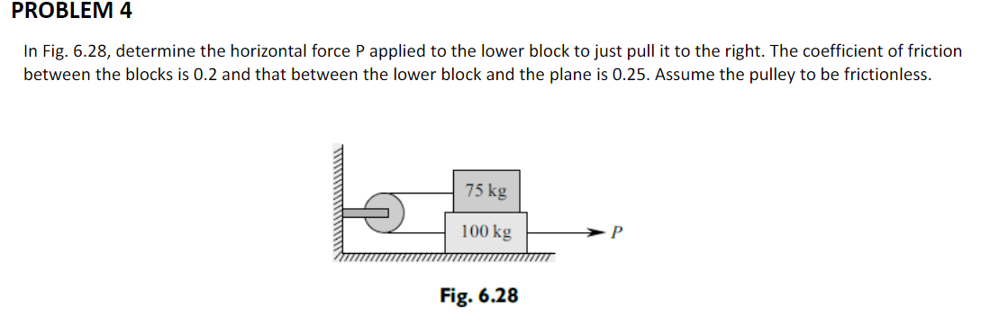 PROBLEM 4
In Fig. 6.28, determine the horizontal force P applied to the lower block to just pull it to the right. The coefficient of friction
between the blocks is 0.2 and that between the lower block and the plane is 0.25. Assume the pulley to be frictionless.
75 kg
100 kg
P
Fig. 6.28
