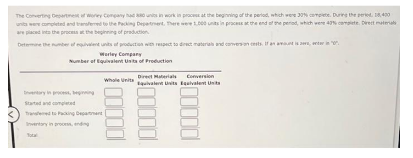 The Converting Department of Worley Company had 880 units in work in process at the beginning of the period, which were 30% complete. During the period, 18,400
units were completed and transferred to the Packing Department. There were 1,000 units in process at the end of the period, which were 40% complete. Direct materials
are placed into the process at the beginning of production.
Determine the number of equivalent units of production with respect to direct materials and conversion costs. If an amount is zero, enter in "0".
Worley Company
Number of Equivalent Units of Production
Inventory in process, beginning
Started and completed
Transferred to Packing Department
Inventory in process, ending
Total
Whole Units
10
Conversion
Direct Materials
Equivalent Units Equivalent Units
B