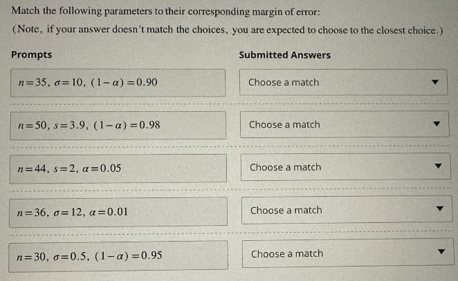 Match the following parameters to their corresponding margin of error:
(Note, if your answer doesn't match the choices, you are expected to choose to the closest choice.)
Prompts
Submitted Answers
n=35, o=10, (1-a) = 0.90
n=50, s=3.9, (1-a) = 0.98
n=44, s=2, a=0.05
n=36, o=12, a = 0.01
n=30, o=0.5, (1-a)=0.95
Choose a match
Choose a match
Choose a match
Choose a match
Choose a match