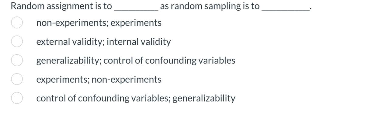 Random assignment is to
as random sampling is to
non-experiments; experiments
external validity; internal validity
generalizability; control of confounding variables
experiments; non-experiments
control of confounding variables; generalizability