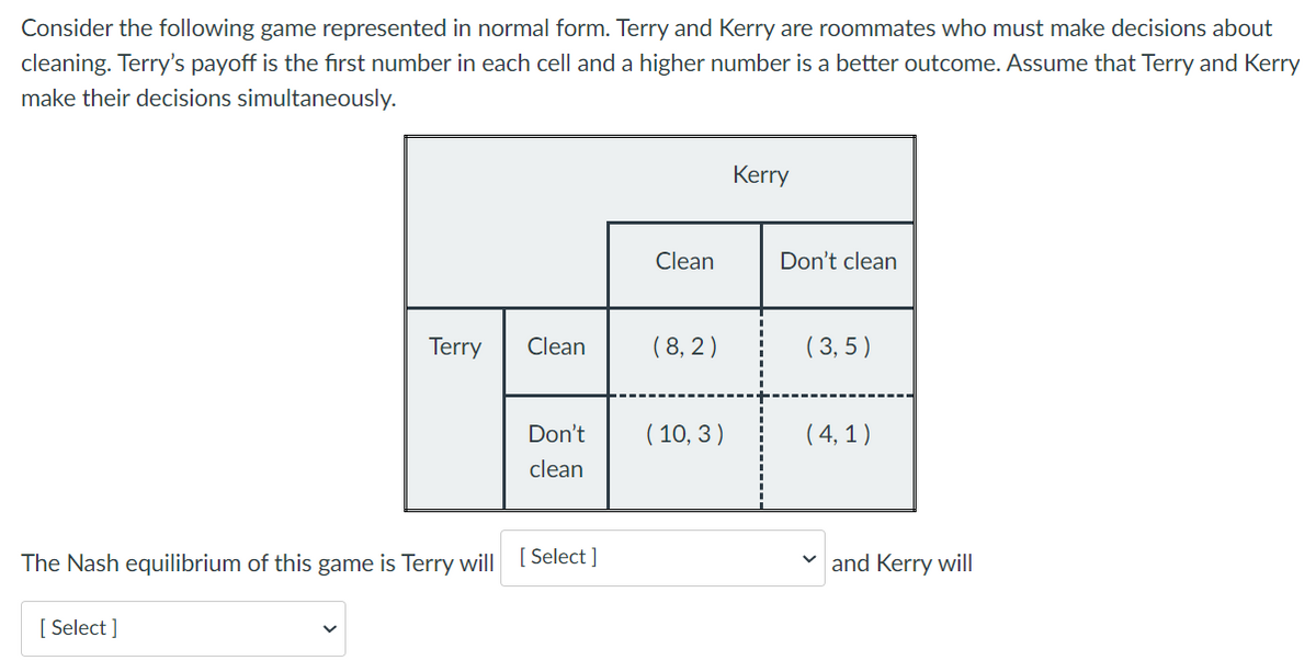 Consider the following game represented in normal form. Terry and Kerry are roommates who must make decisions about
cleaning. Terry's payoff is the fiırst number in each cell and a higher number is a better outcome. Assume that Terry and Kerry
make their decisions simultaneously.
Kerry
Clean
Don't clean
Terry
Clean
( 8, 2 )
( 3, 5 )
Don't
( 10, 3)
( 4, 1 )
clean
The Nash equilibrium of this game is Terry will
[ Select ]
v and Kerry will
[
[ Select ]
