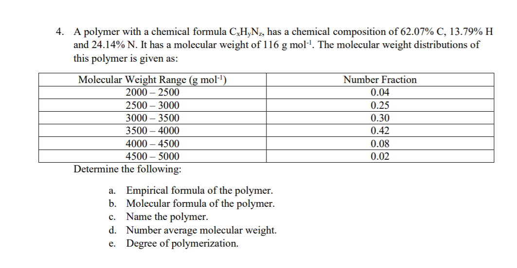 4. A polymer with a chemical formula C,HyN, has a chemical composition of 62.07% C, 13.79% H
and 24.14% N. It has a molecular weight of 116 g mol·l. The molecular weight distributions of
this polymer is given as:
Molecular Weight Range (g mol·')
2000 – 2500
Number Fraction
0.04
2500 – 3000
0.25
3000
3500
0.30
3500 – 4000
0.42
4000 – 4500
0.08
4500 – 5000
0.02
Determine the following:
Empirical formula of the polymer.
b. Molecular formula of the polymer.
Name the polymer.
d. Number average molecular weight.
Degree of polymerization.
a.
c.
е.
