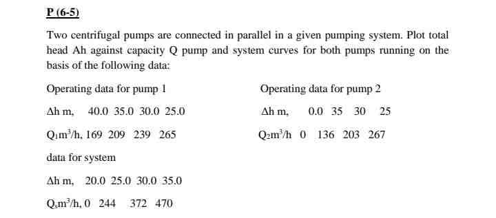 P (6-5)
Two centrifugal pumps are connected in parallel in a given pumping system. Plot total
head Ah against capacity Q pump and system curves for both pumps running on the
basis of the following data:
Operating data for pump 1
Operating data for pump 2
Ahm, 40.0 35.0 30.0 25.0
Ah m.
0.0 35 30 25
Qim³/h. 169 209 239 265
Q₂m/h 0 136 203 267
data for system
Ah m, 20.0 25.0 30.0 35.0
Q.m³/h, 0 244 372 470