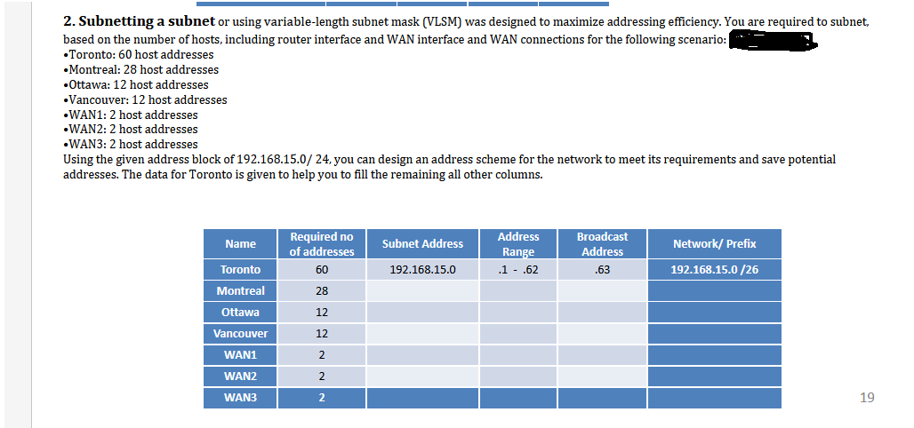 2. Subnetting a subnet or using variable-length subnet mask (VLSM) was designed to maximize addressing efficiency. You are required to subnet,
based on the number of hosts, including router interface and WAN interface and WAN connections for the following scenario:
•Toronto: 60 host addresses
•Montreal: 28 host addresses
•Ottawa: 12 host addresses
•Vancouver: 12 host addresses
•WAN1: 2 host addresses
•WAN2: 2 host addresses
•WAN3: 2 host addresses
Using the given address block of 192.168.15.0/24, you can design an address scheme for the network to meet its requirements and save potential
addresses. The data for Toronto is given to help you to fill the remaining all other columns.
Name
Toronto
Montreal
Ottawa
Vancouver
WAN1
WAN2
WAN3
Required no
of addresses
60
28
12
12
~~
2
2
2
Subnet Address
192.168.15.0
Address
Range
.1 - .62
Broadcast
Address
.63
Network/ Prefix
192.168.15.0 /26
19