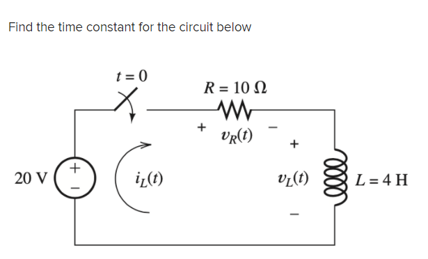 Find the time constant for the circuit below
t = 0
R = 10 N
+
VR(t)
+
20 V
vz(t)
L = 4 H
