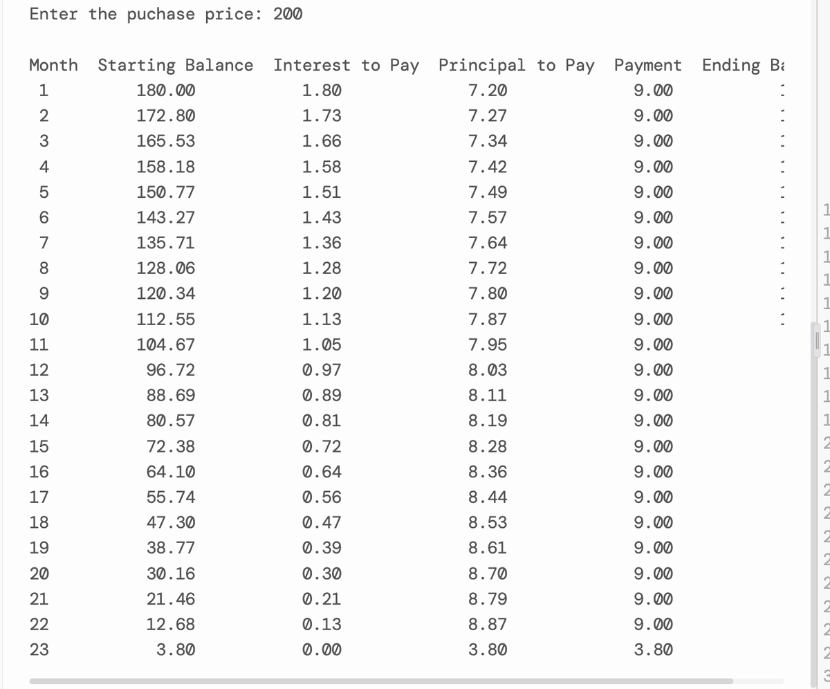 Enter the puchase price: 200
Month Starting Balance Interest to Pay Principal to Pay Payment Ending B:
1
180.00
1.80
7.20
9.00
2
172.80
1.73
7.27
9.00
3
165.53
1.66
7.34
9.00
4
158.18
1.58
7.42
9.00
150.77
1.51
7.49
9.00
143.27
1.43
7.57
9.00
7
135.71
1.36
7.64
9.00
8.
128.06
1.28
7.72
9.00
9
120.34
1.20
7.80
9.00
10
112.55
1.13
7.87
9.00
11
104.67
1.05
7.95
9.00
12
96.72
0.97
8.03
9.00
1
13
88.69
0.89
8.11
9.00
14
80.57
0.81
8.19
9.00
15
72.38
0.72
8.28
9.00
16
64.10
0.64
8.36
9.00
17
55.74
0.56
8.44
9.00
18
47.30
0.47
8.53
9.00
19
38.77
0.39
8.61
9.00
20
30.16
0.30
8.70
9.00
21
21.46
0.21
8.79
9.00
22
12.68
0.13
8.87
9.00
23
3.80
0.00
3.80
3.80
NNN N N N
