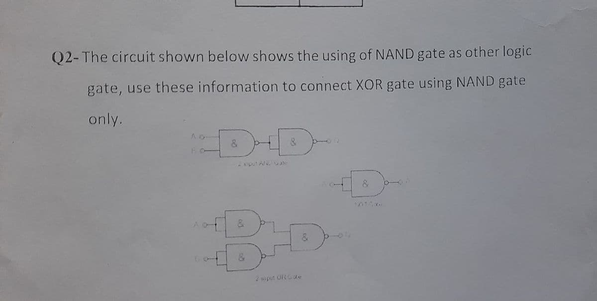 Q2- The circuit shown below shows the using of NAND gate as other logic
gate, use these information to connect XOR gate using NAND gate
only.
D-D-
- put A Ce
2 wipet ORGate
