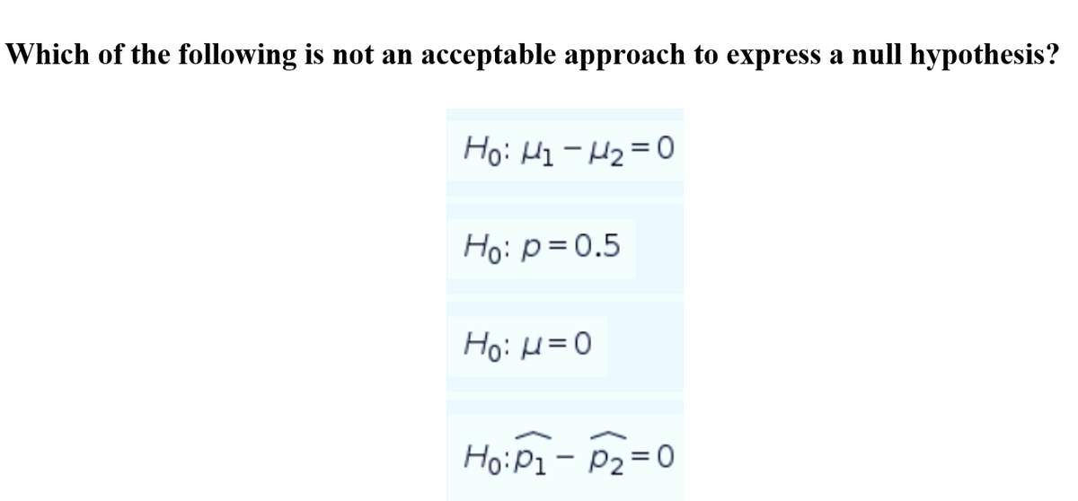 Which of the following is not an acceptable approach to express a null hypothesis?
Hoi H1- H2=0
Ho: p=0.5
Ho: H=0
Hoip1- P2=0
