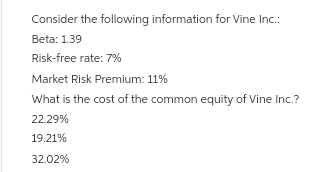 Consider the following information for Vine Inc.:
Beta: 1.39
Risk-free rate: 7%
Market Risk Premium: 11%
What is the cost of the common equity of Vine Inc.?
22.29%
19.21%
32.02%
