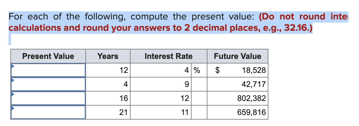 For each of the following, compute the present value: (Do not round inte
calculations and round your answers to 2 decimal places, e.g., 32.16.)
Present Value
Years
12
4
16
21
Interest Rate
4 %
9
12
11
Future Value
$
18,528
42,717
802,382
659,816