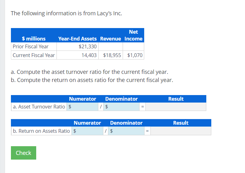 The following information is from Lacy's Inc.
$ millions
Prior Fiscal Year
Current Fiscal Year
Net
Year-End Assets Revenue Income
$21,330
14,403 $18,955 $1,070
a. Compute the asset turnover ratio for the current fiscal year.
b. Compute the return on assets ratio for the current fiscal year.
Numerator
a. Asset Turnover Ratio $
Check
b. Return on Assets Ratio $
Numerator
Denominator
/ $
Denominator
/ $
||
Result
Result