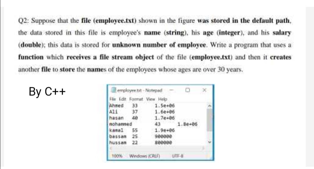 Q2: Suppose that the file (employee.txt) shown in the figure was stored in the default path,
the data stored in this file is employee's name (string), his age (integer), and his salary
(double); this data is stored for unknown number of employee. Write a program that uses a
function which receives a file stream object of the file (employee.txt) and then it ereates
another file to store the names of the employees whose ages are over 30 years.
Вy C++
employee be-Notepad
Fin Edr Fomat View Help
Ahmed
Al1
hasan
33
37
40
1.5e+06
1.6e+e6
1.7e+86
noharmed
43
1.Be-86
kamal
55
1.9e+06
bassam
25
9000ee
hussam
22
100% Windows (CRLF)
UTF-B
