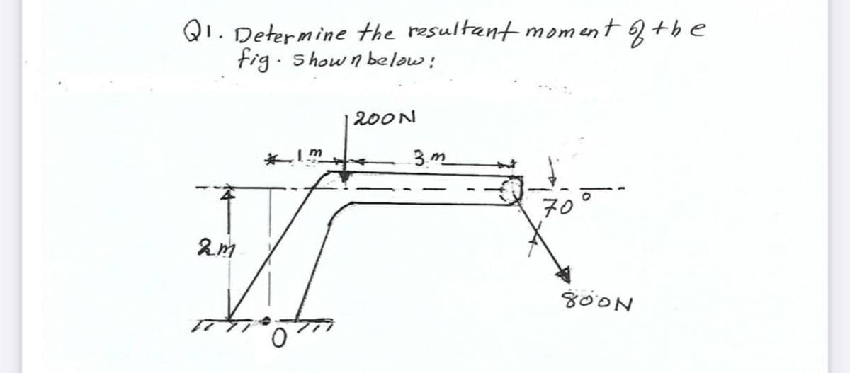 Qi. Determine the resultant moment +be
fig. show n below:
200N
3 m
70
