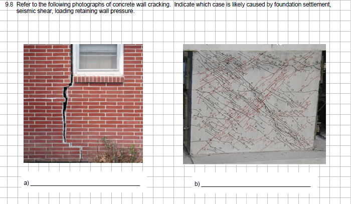 9.8 Refer to the following photographs of concrete wall cracking. Indicate which case is likely caused by foundation settlement,
seismic shear, loading retaining wall pressure.
a)
b)_