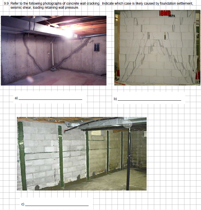 9.9 Refer to the following photographs of concrete wall cracking. Indicate which case is likely caused by foundation settlement,
seismic shear, loading retaining wall pressure.
IBMB
b)