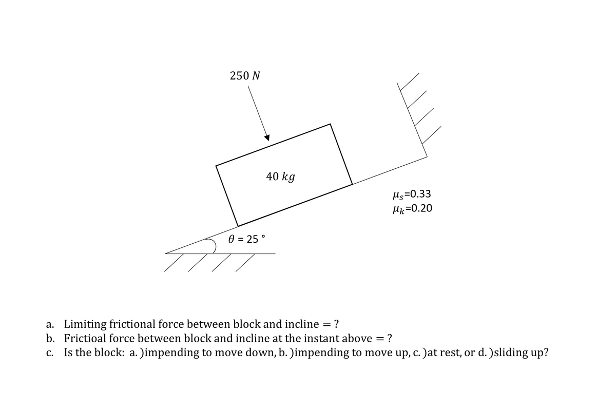 R
250 N
40 kg
0 = 25°
MS=0.33
Mk=0.20
a. Limiting frictional force between block and incline
= ?
b. Frictioal force between block and incline at the instant above
C.
Is the block: a. )impending to move down, b. )impending to move up, c. )at rest, or d. )sliding up?
-
?