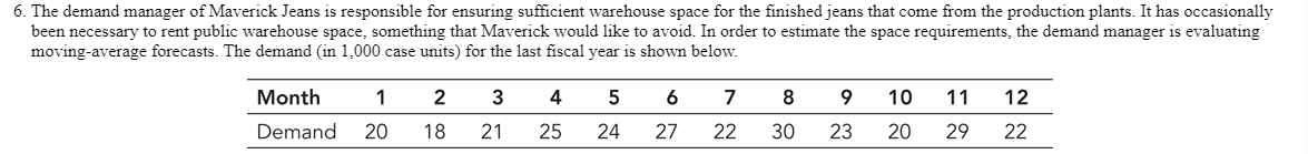6. The demand manager of Maverick Jeans is responsible for ensuring sufficient warehouse space for the finished jeans that come from the production plants. It has occasionally
been necessary to rent public warehouse space, something that Maverick would like to avoid. In order to estimate the space requirements, the demand manager is evaluating
moving-average forecasts. The demand (in 1,000 case units) for the last fiscal year is shown below.
Month
1
Demand 20
2
18
3
21
4
25
5
24
6
7
8
27 22 30
9 10
23 20
11 12
29 22