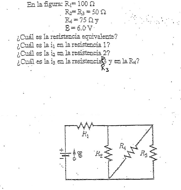 En la figura: R;=100 2
R= R3 = 50 2
R4 = 75 Qy
E= 6.0 V
¿Cuál es la resistencia equivalente?
¿Cuál es la i en la resistencia 1?
¿Cuál es la i, en la resistencia 2?
¿Cuál es la is en la resisiencias y en la R4?
