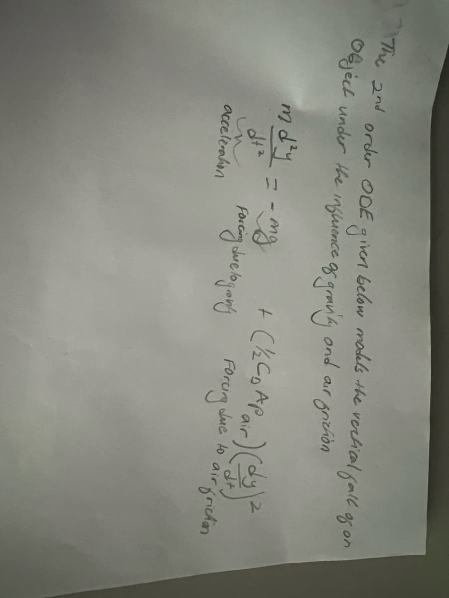 The 2nd order ODE given below models the vertical fall of on
Object under the influence of gravity and air friction
md²y
acceleration
-mg
+ (1/2 Co A Pair) (dy) ²
Forcing due logranty Forcing due to air friction