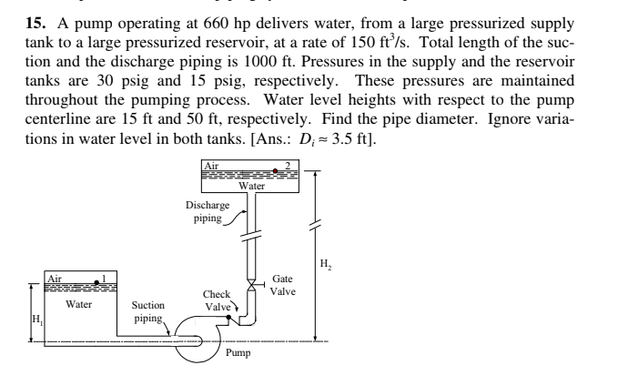 15. A pump operating at 660 hp delivers water, from a large pressurized supply
tank to a large pressurized reservoir, at a rate of 150 ft’/s. Total length of the suc-
tion and the discharge piping is 1000 ft. Pressures in the supply and the reservoir
tanks are 30 psig and 15 psig, respectively. These pressures are maintained
throughout the pumping process. Water level heights with respect to the pump
centerline are 15 ft and 50 ft, respectively. Find the pipe diameter. Ignore varia-
tions in water level in both tanks. [Ans.: D; = 3.5 ft].
Air
Water
Discharge
piping
H,
Air
Gate
Check
Valve
Water
Suction
Valve
H.
piping,
Pump
