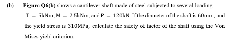 (b)
Figure Q6(b) shows a cantilever shaft made of steel subjected to several loading
T = 5kNm, M = 2.5kNm, and P
120kN. If the diameter of the shaft is 60mm, and
the yield stress is 310MPA, calculate the safety of factor of the shaft using the Von
Mises yield criterion.
