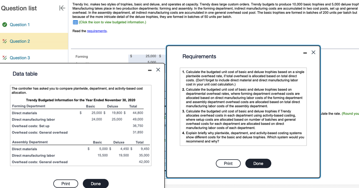 Question list
K
Question 1
* Question 2
Trendy Inc. makes two styles of trophies, basic and deluxe, and operates at capacity. Trendy does large custom orders. Trendy budgets to produce 10,000 basic trophies and 5,000 deluxe troph
Manufacturing takes place in two production departments: forming and assembly. In the forming department, indirect manufacturing costs are accumulated in two cost pools, set up and general
overhead. In the assembly department, all indirect manufacturing costs are accumulated in one general overhead cost pool. The basic trophies are formed in batches of 200 units per batch but
because of the more intricate detail of the deluxe trophies, they are formed in batches of 50 units per batch.
(Click the icon to view budgeted information.)
Read the requirements.
* Question 3
Forming
25,000 $
5.000
Requirements
- X
Data table
The controller has asked you to compare plantwide, department, and activity-based cost
allocation.
Trendy Budgeted Information for the Year Ended November 30, 2020
Forming Department
Basic
Deluxe
Total
Direct materials
$
Direct manufacturing labor
25,000 $
24,000
19,800 $
25,000
44,800
49,000
Overhead costs: Set up
36,750
Overhead costs: General overhead
31,850
Assembly Department
1. Calculate the budgeted unit cost of basic and deluxe trophies based on a single
plantwide overhead rate, if total overhead is allocated based on total direct
costs. (Don't forget to include direct material and direct manufacturing labor
cost in your unit cost calculation.)
2. Calculate the budgeted unit cost of basic and deluxe trophies based on
departmental overhead rates, where forming department overhead costs are
allocated based on direct manufacturing labor costs of the forming department
and assembly department overhead costs are allocated based on total direct
manufacturing labor costs of the assembly department.
3. Calculate the budgeted unit cost of basic and deluxe trophies if Trendy
allocates overhead costs in each department using activity-based costing,
where setup costs are allocated based on number of batches and general
overhead costs for each department are allocated based on direct
manufacturing labor costs of each department.
4. Explain briefly why plantwide, department, and activity-based costing systems
show different costs for the basic and deluxe trophies. Which system would you
recommend and why?
Direct materials
Direct manufacturing labor
Overhead costs: General overhead
Basic
Deluxe
Total
$
5,000 $
4,450 $
15,500
19,500
9,450
35,000
42,000
Print
Done
Print
Done
ulate the rate. (Round you