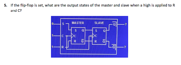 5. If the flip-flop is set, what are the output states of the master and slave when a high is applied to R
and C?
MASTER
SLAVE
S
C
