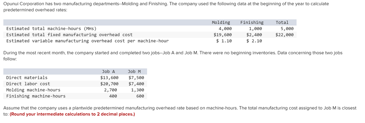 Opunui Corporation has two manufacturing departments--Molding and Finishing. The company used the following data at the beginning of the year to calculate
predetermined overhead rates:
Molding
Finishing
Total
Estimated total machine-hours (MHS)
4,000
1,000
5,000
$19,600
$2,400
$22,000
Estimated total fixed manufacturing overhead cost
Estimated variable manufacturing overhead cost per machine-hour
$ 1.10
$ 2.10
During the most recent month, the company started and completed two jobs--Job A and Job M. There were no beginning inventories. Data concerning those two jobs
follow:
Job A
Job M
$13,600
$20,700
Direct materials
$7,500
Direct labor cost
$7,400
Molding machine-hours
Finishing machine-hours
2,700
1,300
400
600
Assume that the company uses a plantwide predetermined manufacturing overhead rate based on machine-hours. The total manufacturing cost assigned to Job M is closest
to: (Round your intermediate calculations to 2 decimal places.)
