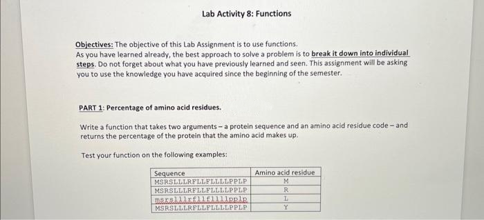 Lab Activity 8: Functions
Objectives: The objective of this Lab Assignment is to use functions.
As you have learned already, the best approach to solve a problem is to break it down into individual
steps. Do not forget about what you have previously learned and seen. This assignment will be asking
you to use the knowledge you have acquired since the beginning of the semester.
PART 1: Percentage of amino acid residues.
Write a function that takes two arguments-a protein sequence and an amino acid residue code - and
returns the percentage of the protein that the amino acid makes up.
Test your function on the following examples:
Sequence
MSRSLLLRFLLFLLLLPPLP
MSRSLLLRFLLFLLLLPPLP
maralllrfllfllllpplp
MSRSLLLRFLLFLLLLPPLP
Amino acid residue
M
R
L
Y