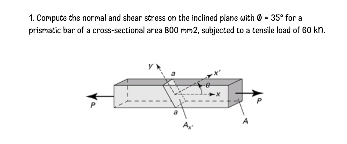 1. Compute the normal and shear stress on the inclined plane with Ø = 35° for a
prismatic bar of a cross-sectional area 800 mm2, subjected to a tensile load of 60 kn.
%3D
a
A
Ax
