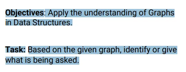 Objectives: Apply the understanding of Graphs
in Data Structures.
Task: Based on the given graph, identify or give
what is being asked.
