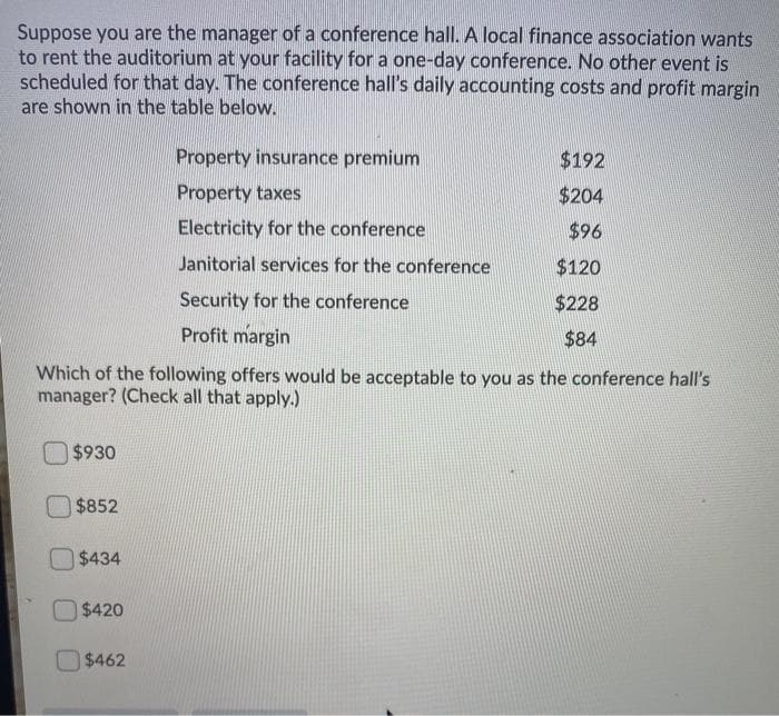Suppose you are the manager of a conference hall. A local finance association wants
to rent the auditorium at your facility for a one-day conference. No other event is
scheduled for that day. The conference hall's daily accounting costs and profit margin
are shown in the table below.
$930
Which of the following offers would be acceptable to you as the conference hall's
manager? (Check all that apply.)
$852
$434
$420
Property insurance premium
Property taxes
Electricity for the conference
Janitorial services for the conference
Security for the conference
Profit margin
$462
$192
$204
$96
$120
$228
$84