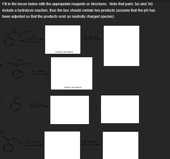 Fill in the boxes below with the appropriate reagents or structures. Note that parts 3a) and 3d)
include a hydrolysis reaction, thus the box should contain two products (assume that the pH has
been adjusted so that the products exist as neutrally charged species).
HN
Hy-
b)
d)
CH
Br
CH3 CH COOH
CH3
Br. /FoBr
CH3
Br₂ / FeBr
major product
major product
H/H:O/A
CH3
Bry/FeBr
H HO/A