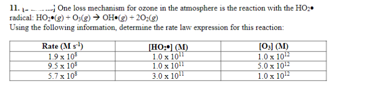 11.
One loss mechanism for ozone in the atmosphere is the reaction with the HO₂.
radical: HO₂ (g) + O3(g) → OH (g) +202(g)
Using the following information, determine the rate law expression for this reaction:
Rate (M s¹¹)
1.9 x 108
9.5 x 108
5.7 x 108
[HO₂] (M)
1.0 x 10¹1
1.0 x 1011
3.0 x 10¹¹
[03] (M)
1.0 x 10¹2
5.0 x 10¹2
1.0 x 10¹2