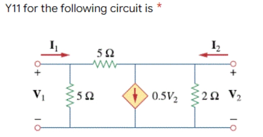 *
Y11 for the following circuit is
V₁
I
5Ω
5Ω
0.5V,
I
2Ω V,