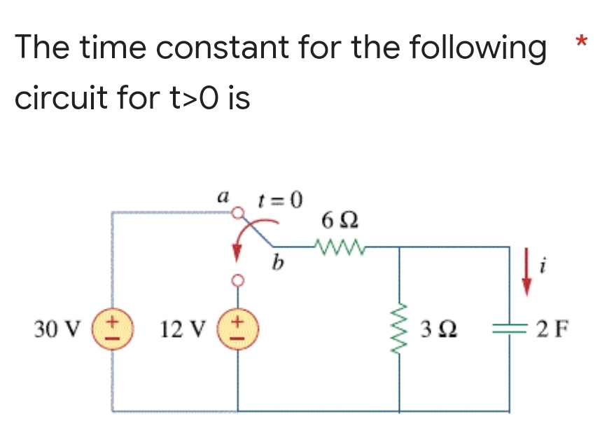 The time constant for the following
circuit for t>0 is
30 V
+1
12 V (+
t=0
b
6Ω
392
Ω
2 F
*