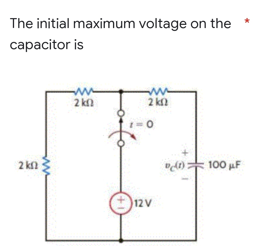 The initial maximum voltage on the
capacitor
is
2 km2
www
ww
2kQ
+1
2 ΚΩ
0
12 V
vt) 100 µF
*