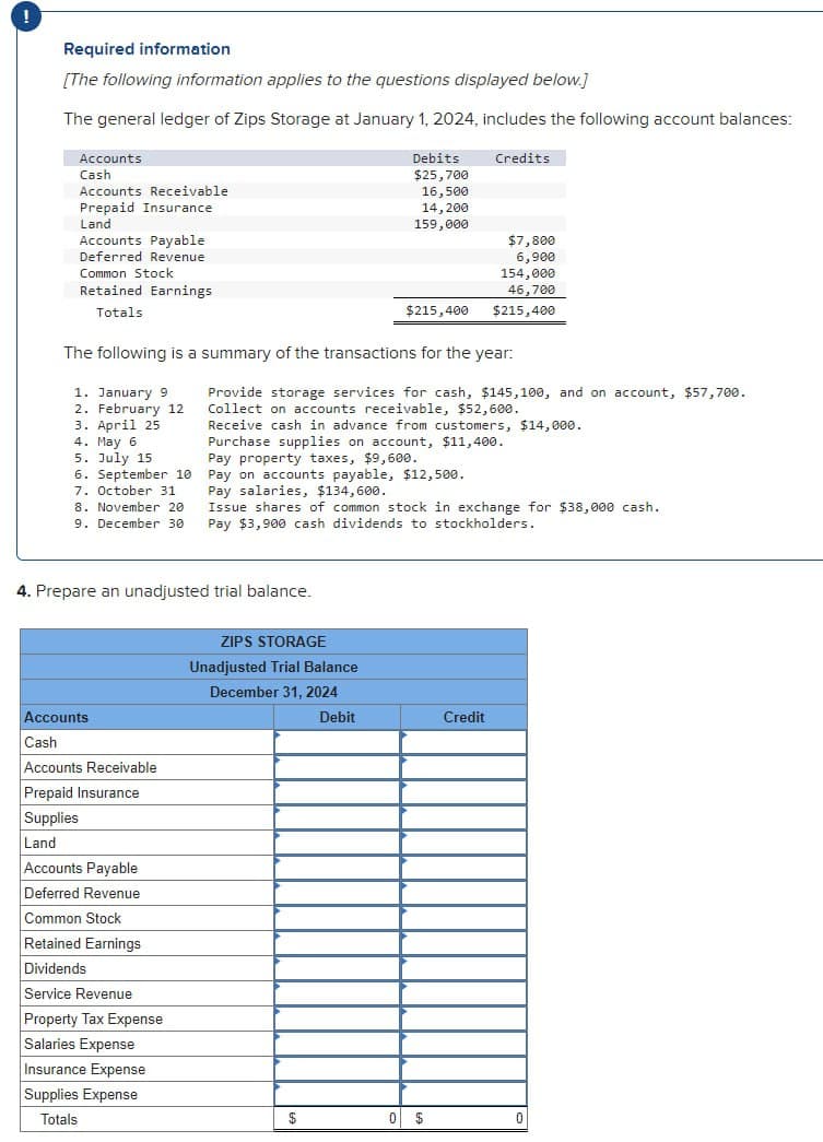 Required information
[The following information applies to the questions displayed below.]
The general ledger of Zips Storage at January 1, 2024, includes the following account balances:
Accounts
Cash
Accounts Receivable
Prepaid Insurance
Land
Accounts Payable
Deferred Revenue
Common Stock
Retained Earnings
Totals
Debits
$25,700
Credits
16,500
14,200
159,000
$7,800
6,900
154,000
46,700
$215,400
$215,400
The following is a summary of the transactions for the year:
1. January 9
2. February 12
3. April 25
4. May 6
5. July 15
6. September 10
7. October 31
8. November 20
9. December 30
Provide storage services for cash, $145,100, and on account, $57,700.
Collect on accounts receivable, $52,600.
Receive cash in advance from customers, $14,000.
Purchase supplies on account, $11,400.
Pay property taxes, $9,600.
Pay on accounts payable, $12,500.
Pay salaries, $134,600.
Issue shares of common stock in exchange for $38,000 cash.
Pay $3,900 cash dividends to stockholders.
4. Prepare an unadjusted trial balance.
Accounts
Cash
Accounts Receivable
Prepaid Insurance
Supplies
Land
Accounts Payable
Deferred Revenue
Common Stock
Retained Earnings
Dividends
Service Revenue
Property Tax Expense
Salaries Expense
Insurance Expense
Supplies Expense
Totals
ZIPS STORAGE
Unadjusted Trial Balance
December 31, 2024
Debit
Credit
$
0 $
0