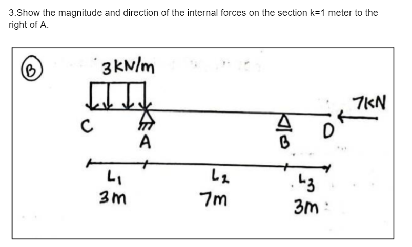 3.Show the magnitude and direction of the internal forces on the section k=1 meter to the
right of A.
3kN/m
7KN
C
A
3m
7m
3m :
