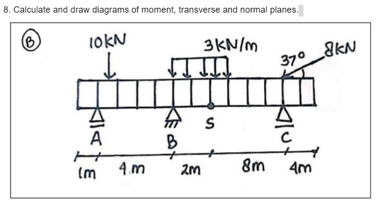 8. Calculate and draw diagrams of moment, transverse and normal planes.
10KN
3KN/M
370 8kN
份 S
A
B
4.m
8m
4m
Im
