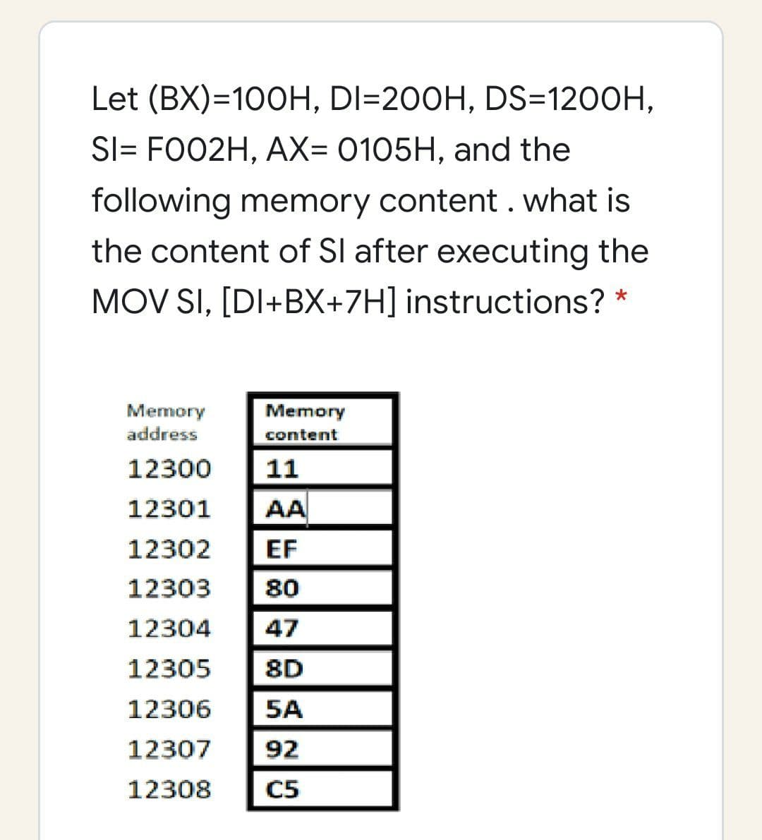 Let (BX)=100H, DI=200H, DS=1200H,
SI= FO02H, AX= 0105H, and the
following memory content .what is
the content of Sl after executing the
MOV SI, [DI+BX+7H] instructions? *
Memory
address
Memory
content
12300
11
12301
AA
12302
EF
12303
80
12304
47
12305
8D
12306
5A
12307
92
12308
C5
