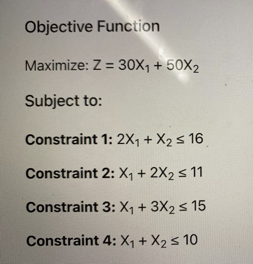 Objective Function
Maximize: Z = 30X₁ + 50X2
Subject to:
Constraint 1: 2X₁ + X₂ ≤ 16
Constraint 2: X₁ + 2X₂ ≤ 11
Constraint 3: X₁ + 3X₂ ≤ 15
Constraint
4: X₁ + X₂ ≤ 10