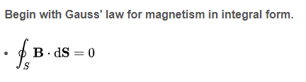 Begin with Gauss' law for magnetism in integral form.
S
B. ds = 0