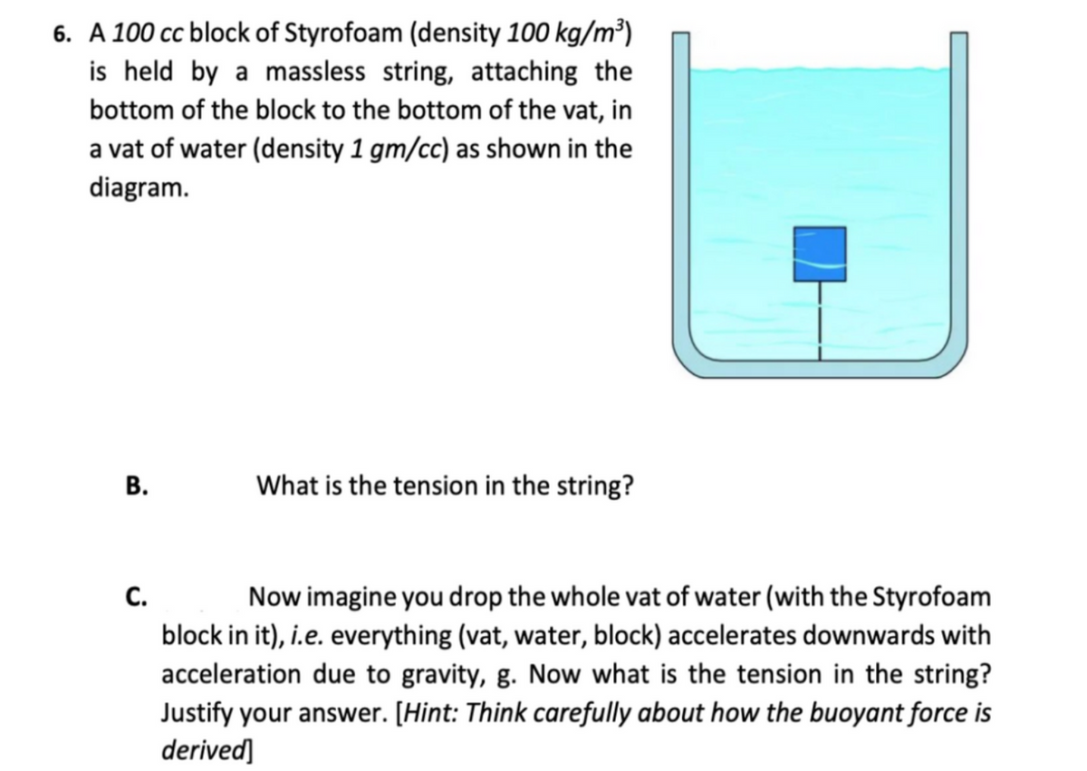 6. A 100 cc block of Styrofoam (density 100 kg/m³)
is held by a massless string, attaching the
bottom of the block to the bottom of the vat, in
a vat of water (density 1 gm/cc) as shown in the
diagram.
В.
What is the tension in the string?
С.
block in it), i.e. everything (vat, water, block) accelerates downwards with
acceleration due to gravity, g. Now what is the tension in the string?
Justify your answer. [Hint: Think carefully about how the buoyant force is
derived]
Now imagine you drop the whole vat of water (with the Styrofoam
