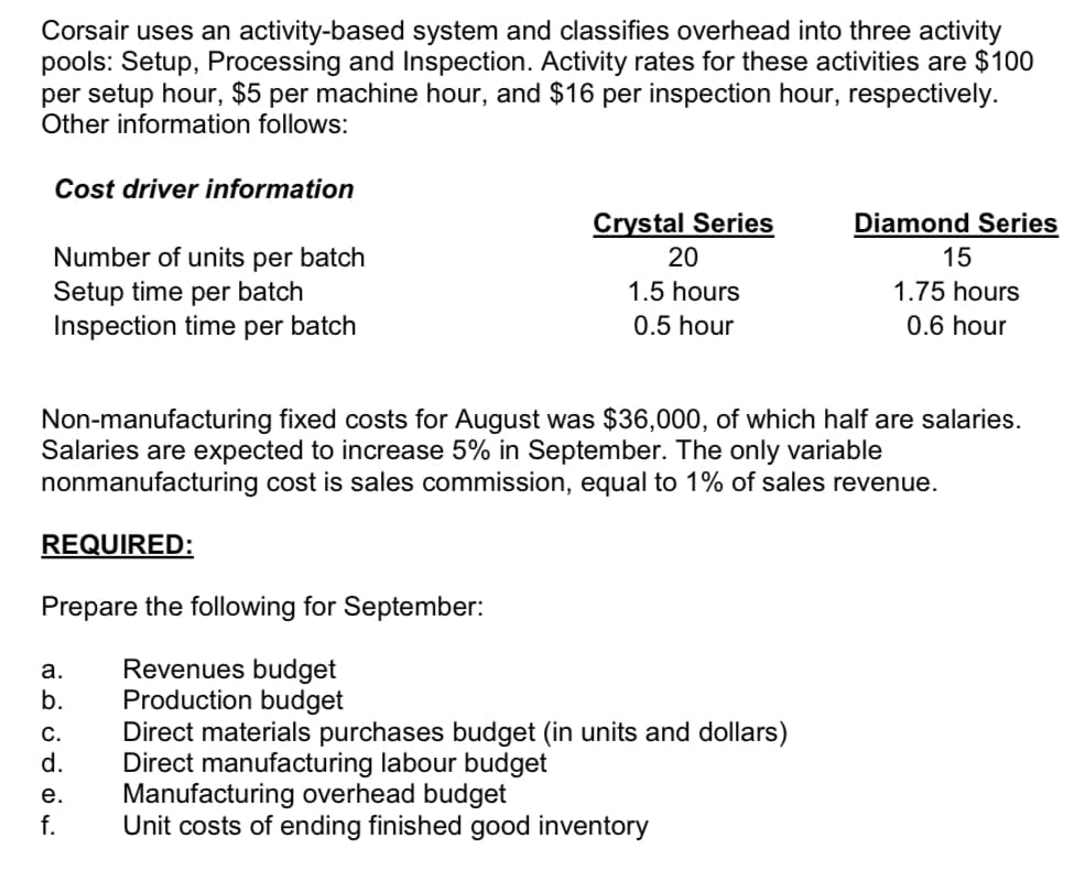 Corsair uses an activity-based system and classifies overhead into three activity
pools: Setup, Processing and Inspection. Activity rates for these activities are $100
per setup hour, $5 per machine hour, and $16 per inspection hour, respectively.
Other information follows:
Cost driver information
Crystal Series
Diamond Series
Number of units per batch
Setup time per batch
Inspection time per batch
20
15
1.5 hours
1.75 hours
0.5 hour
0.6 hour
Non-manufacturing fixed costs for August was $36,000, of which half are salaries.
Salaries are expected to increase 5% in September. The only variable
nonmanufacturing cost is sales commission, equal to 1% of sales revenue.
REQUIRED:
Prepare the following for September:
Revenues budget
Production budget
Direct materials purchases budget (in units and dollars)
Direct manufacturing labour budget
Manufacturing overhead budget
Unit costs of ending finished good inventory
a.
b.
С.
d.
е.
f.
