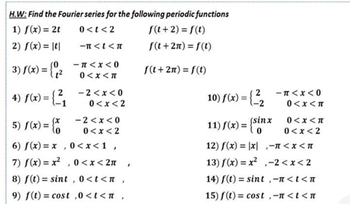 H.W: Find the Fourier series for the following periodic functions
1) f(x) = 2t
0<t<2
f(t+2) = f(t)
2) f(x) = |t|
f(t +2n) = f(t)
3) f(x) = { 1 ²
f(t+2n) = f(t)
4) f(x) = {²₁
5) f(x) = {
6) f(x)=x, 0<x< 1,
7) f(x)=x², 0<x<2π,
8) f(t) = sint, 0<t<n,
9) f(t) = cost ,0 <t<n,
"<t <π
-T<x<0
0<x<π
-2<x<0
0<x<2
-2<x<0
0<x<2
-π<x<0
0<x<n
10) f(x) = { ²₂
0<x<π
11) f(x) = {Sinx
0
0<x<2
12) f(x) = |x|,-" <x<T
13) f(x)=x²-2<x<2
14) f(t) = sint, -n<t<n
15) f(t) = cost,-n <t <n