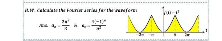 H.W: Calculate the Fourier series for the waveform
2π²
4(-1)"
n²
3
Ans. a,
& an=
-2π -TL
f(t) = 1²
N
TL
2π