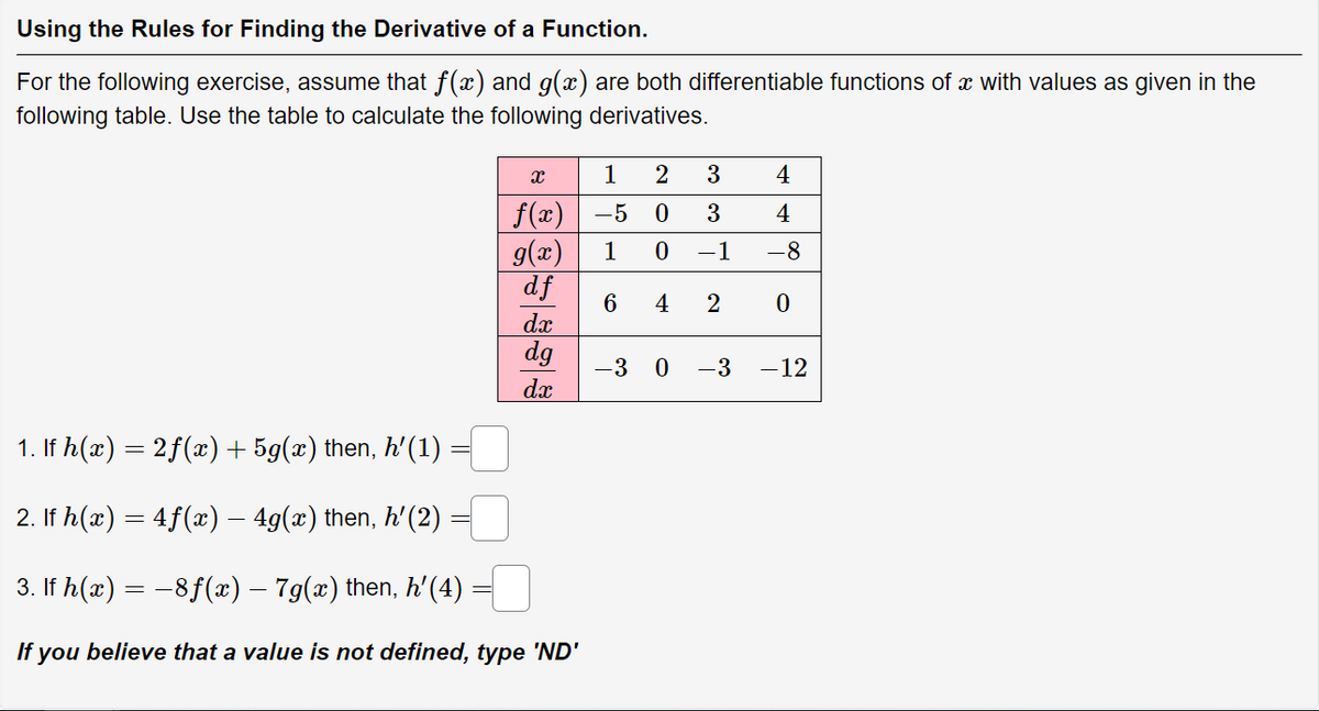 Using the Rules for Finding the Derivative of a Function.
For the following exercise, assume that f(x) and g(x) are both differentiable functions of a with values as given in the
following table. Use the table to calculate the following derivatives.
X
1
f(x) −5
g(x)
df
dx
dg
dx
2
3
0
3
1 0 -1
6 4 2
1. If h(x) = 2f(x) + 5g(x) then, h'(1)
2. If h(x) = 4f(x) — 4g(x) then, h' (2)
3. If h(x) = −8f(x) — 7g(x) then, h'(4) =
If you believe that a value is not defined, type 'ND'
4
4
-8
0
-3 0 −3 −12