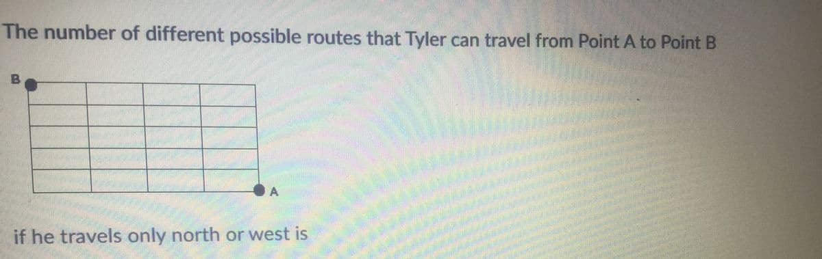The number of different possible routes that Tyler can travel from Point A to Point B
if he travels only north or west is
