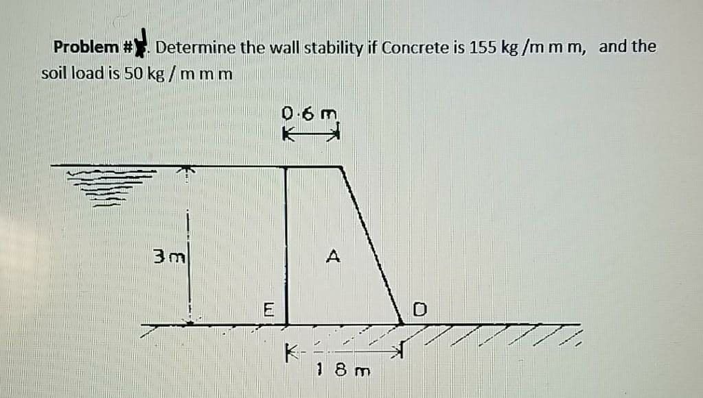 Problem #
soil load is 50 kg / m m m
Determine the wall stability if Concrete is 155 kg /m m m, and the
0.6 m
3m
A
18m
